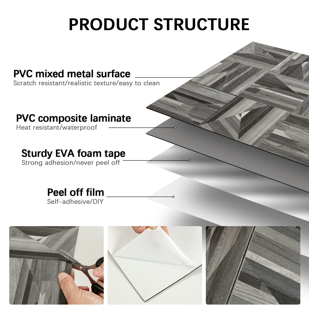Midcard 10-Sheet Peel and Stick PVC Backsplash Tile, Black Grey Wood Triangle Puzzle