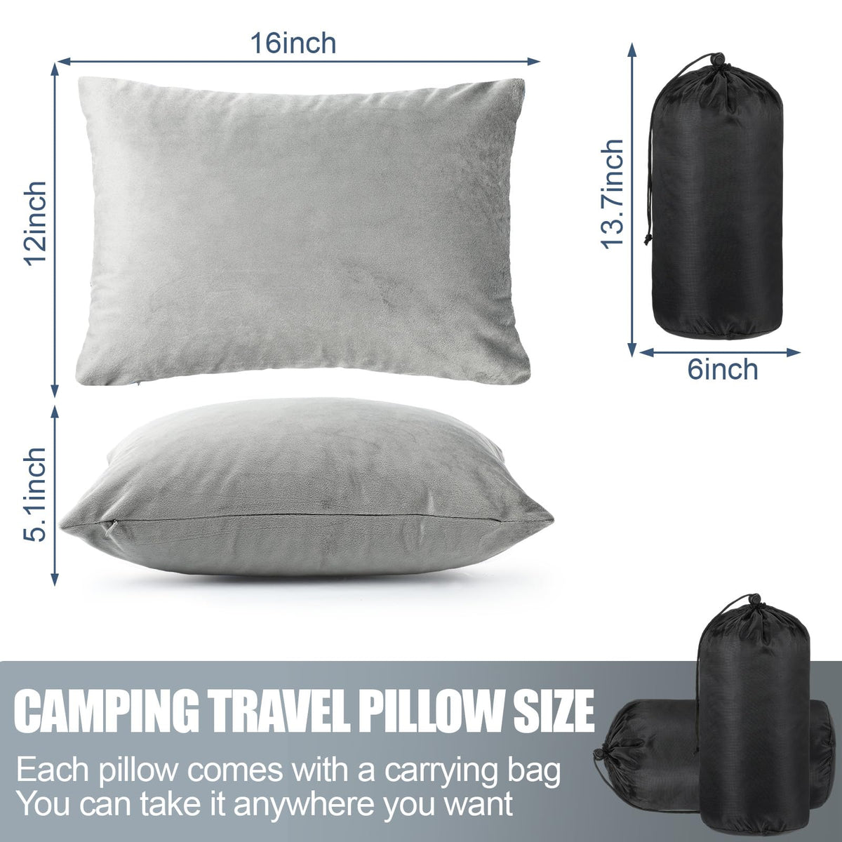 SmoothNovelty 2 Pack Camping Pillow for Sleeping Shredded Memory Foam Travel Pillow with Storage Bag, Compressible Portable Pillow for Outdoor Camp Backpacking Hiking Essential Gear (Grey,Small)