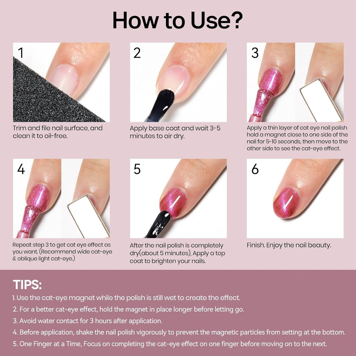 MIZHSE Quick Dry Cat Eye Nail Polish, Shimmery Pink Magnetic Nail Polish with Magnet, Air Drying Fast 15ml Plum Sauce Color Cateye Nail Lacquer for Women Girls Non-Gel Nail Art Manicure DIY Home