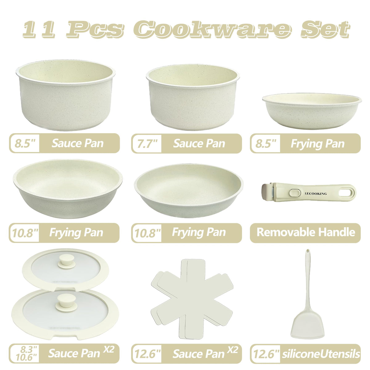 LECOOKING 11 PCS Pots and Pans Set, Cookware set with removable Handles, Dishwasher and oven Safe, Detachable Cooking Set, Induction and Gas Stove kitch set, White