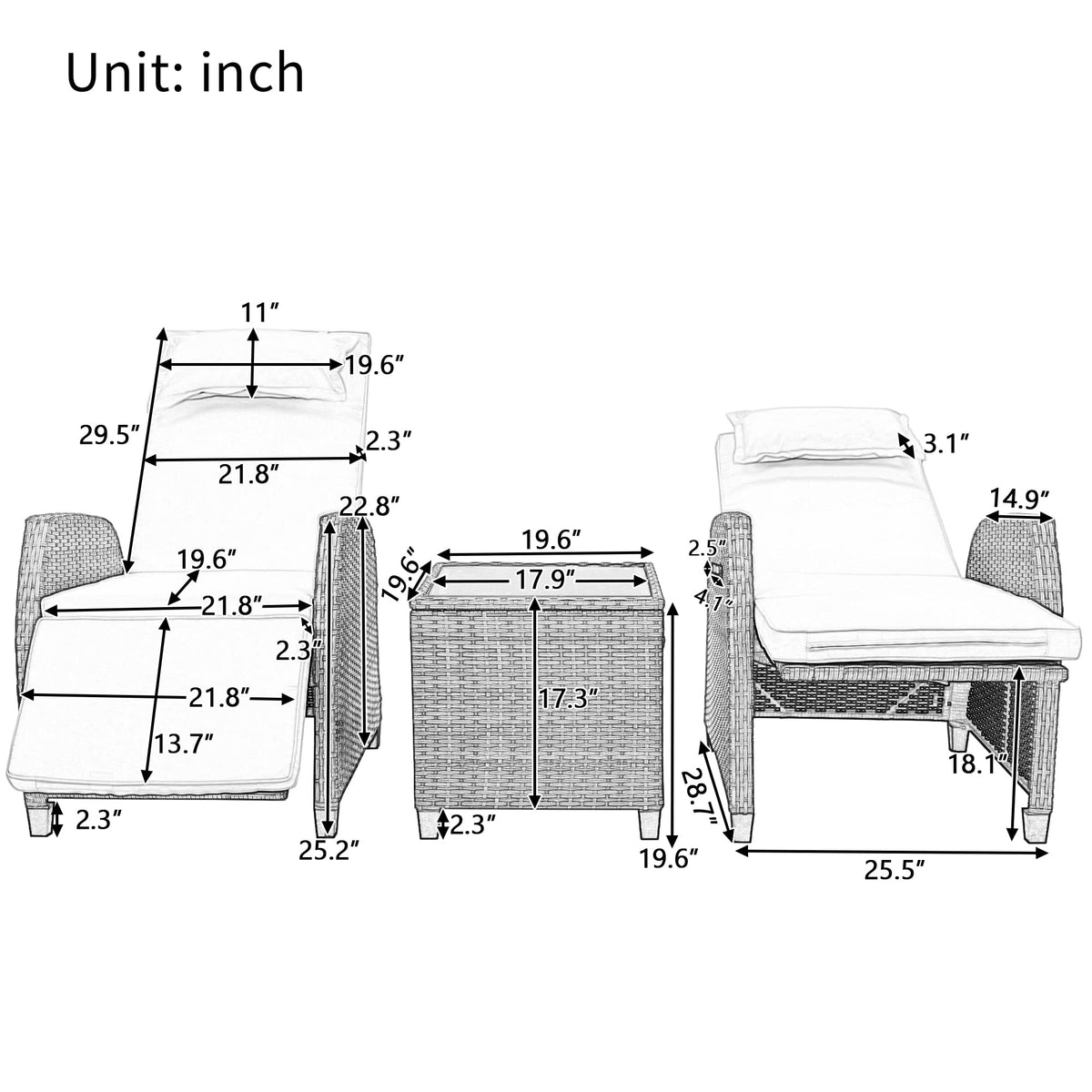 LUMISOL Outdoor Recliner Chairs Set of 2, 3 Piece Rattan Sofa Set, Patio Rocking Chairs Set with Adjustable Footrest, Outdoor Rattan Reclining Chairs with Table & Pillow for Backyard, Porch (Grey)