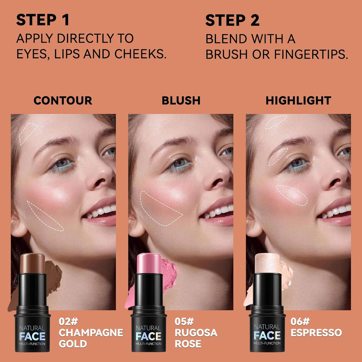 3Pcs Cream Contour Stick Makeup Kit, Shades with Highlighter, Blush and Bronzer Contour Stick for Sculpt the Cheeks, Long Lasting, Waterproof, Matte & Dewy Finish LIGHT MEDIUM(2+5+6)