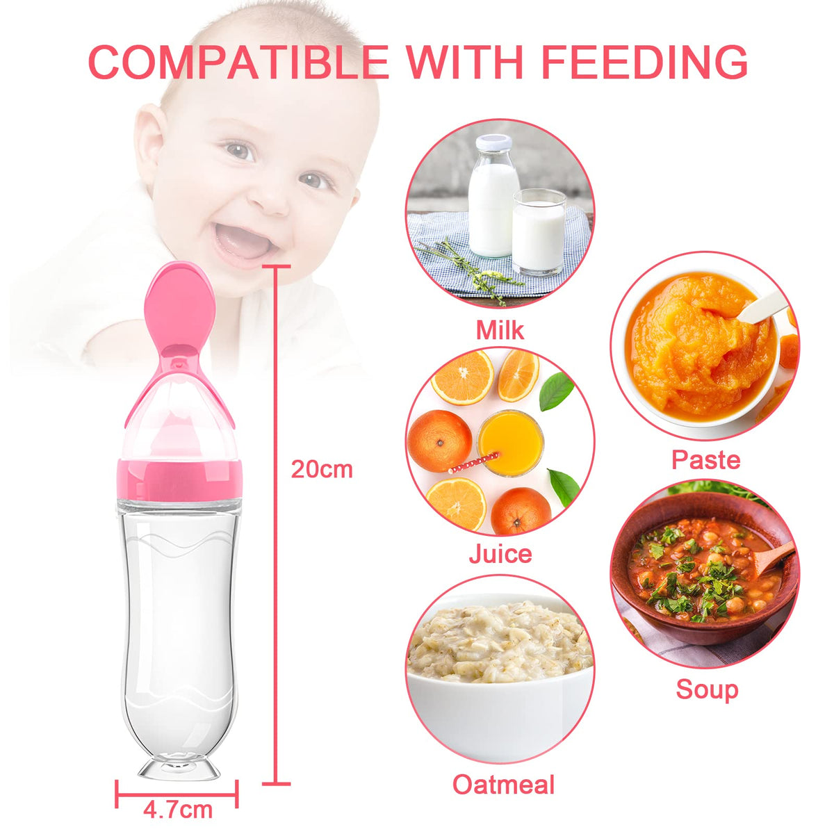 Food Feeder Baby Fruit Feeder Pacifier (3 Pcs) with 6 Different Sized Silicone Pacifiers 2 PCS Silicone Baby Food Dispensing Spoon 90ML with Infants Spoons Pacifier Clip Infant Fruit Teething Toy-Pink