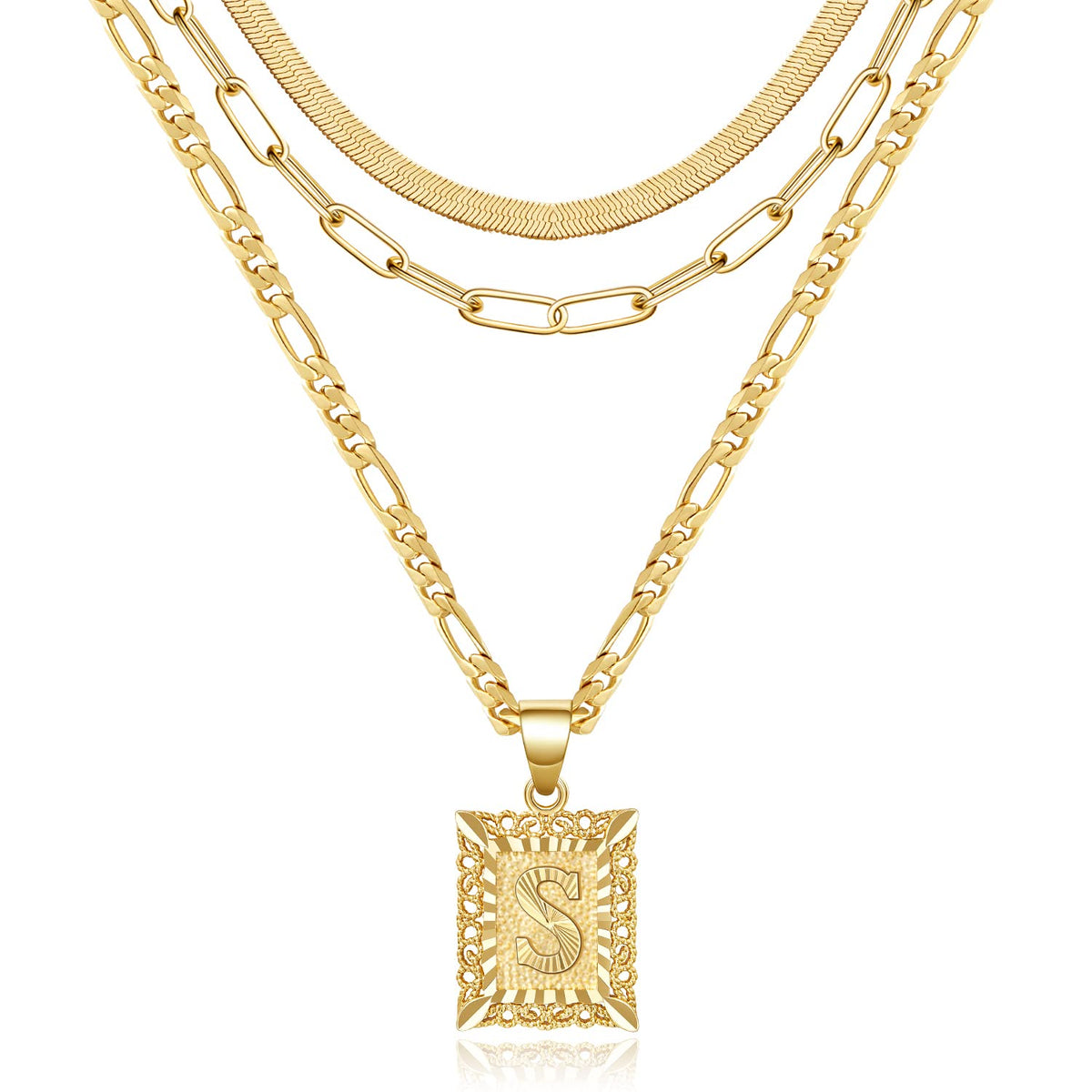 KissYan Gold Layered Initial Necklace Set for Womens, 14K Gold Plated Letter S Pendant Necklaces Paperclip Snake Choker Alphabets from A-Z Figaro Chain Jewelry Gift