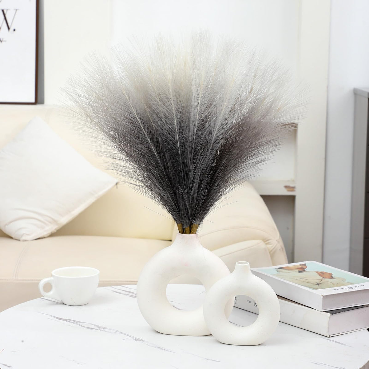 Ureymx Faux Pampas Grass Decor 17.7 Inch 6pcs, Pompas Grass Flower Arrangement and Vase Filler Artificial Pampas Grass Short Decor for Boho Home Wedding Decoration (Gradient Grey)