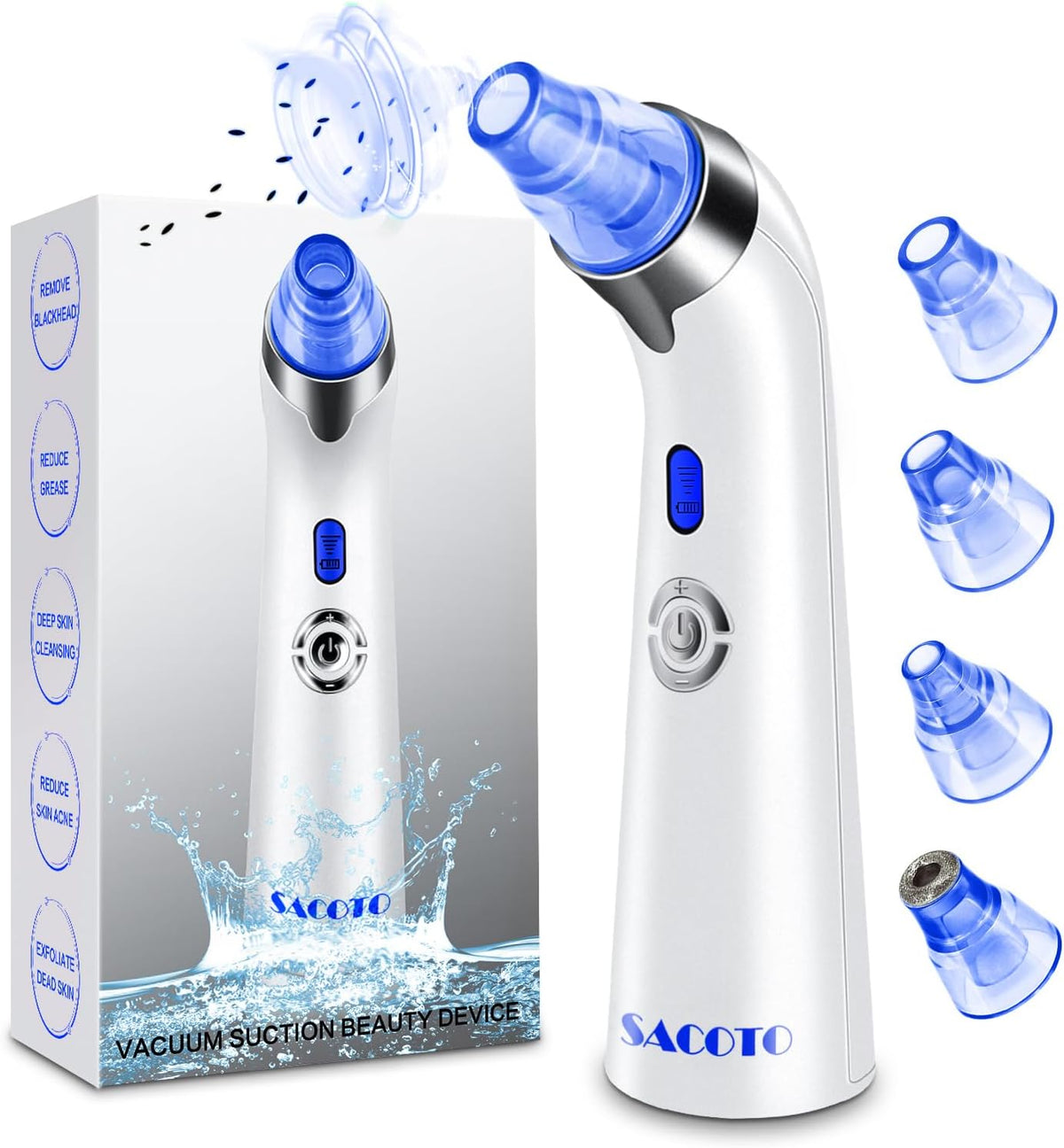 Blackhead Remover Pore Vacuum, Face Suction Pore Cleaner, 5 Suction Power Electric Blackhead Extractor Tool, 4 Probes, Blackhead Suction Remover for Women & Men（Blue）