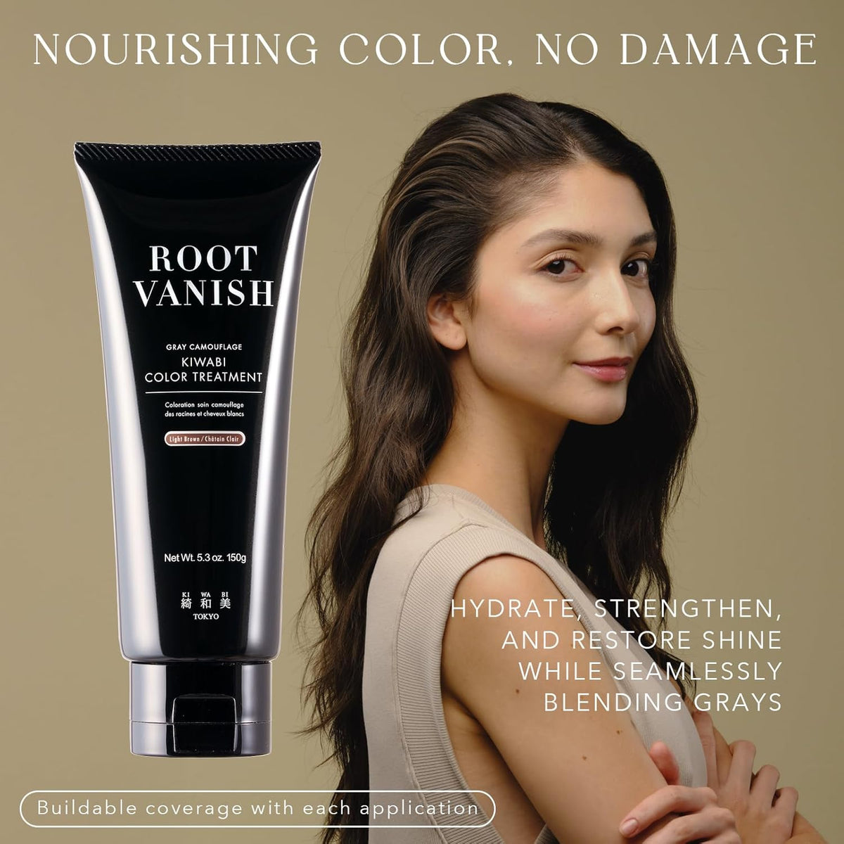 KIWABI Root Vanish Color Treatment in Light Brown Instantly Camouflages Gray Roots and Hair with Natural Anti-Aging Botanicals (150g, Paraben Free, Gray)
