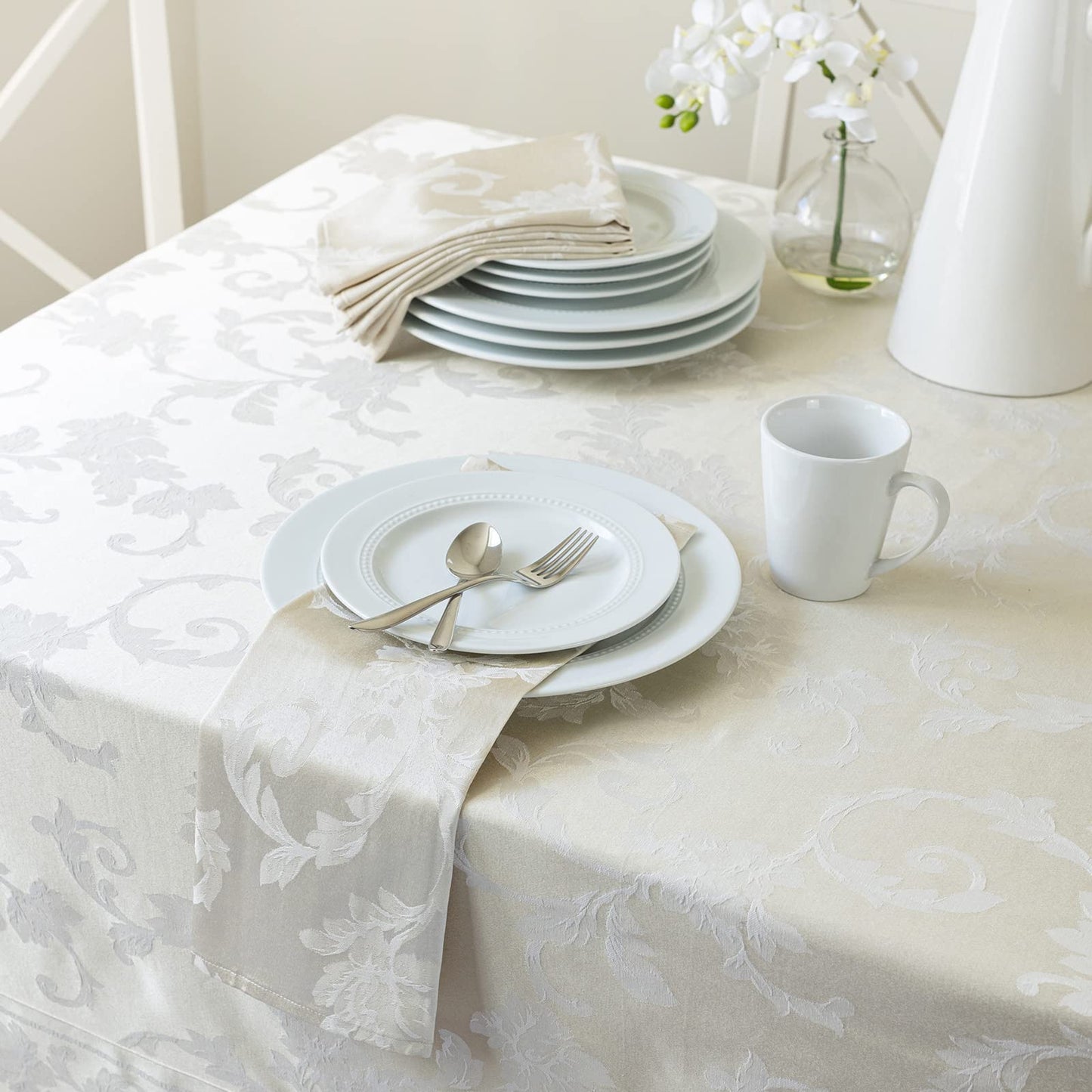 Benson Mills Harmony Scroll Woven Damask Fabric Tablecloth, Everyday, Parties, Special Occasions, Weddings and Holiday Table Cloth (60" X 84" Rectangular, Birch)