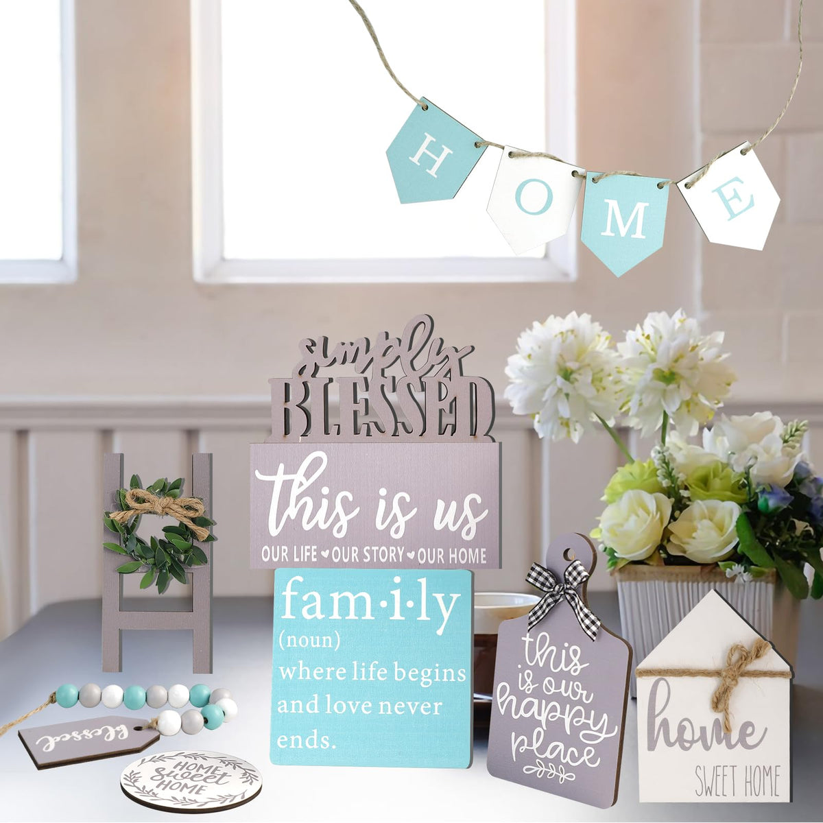 13 Pcs Farmhouse Tiered Tray Decor Set, Kitchen Table Decorations with String Lights, Home Rustic Wooden Signs Decorative for Centerpiece Table Bar Housewarming