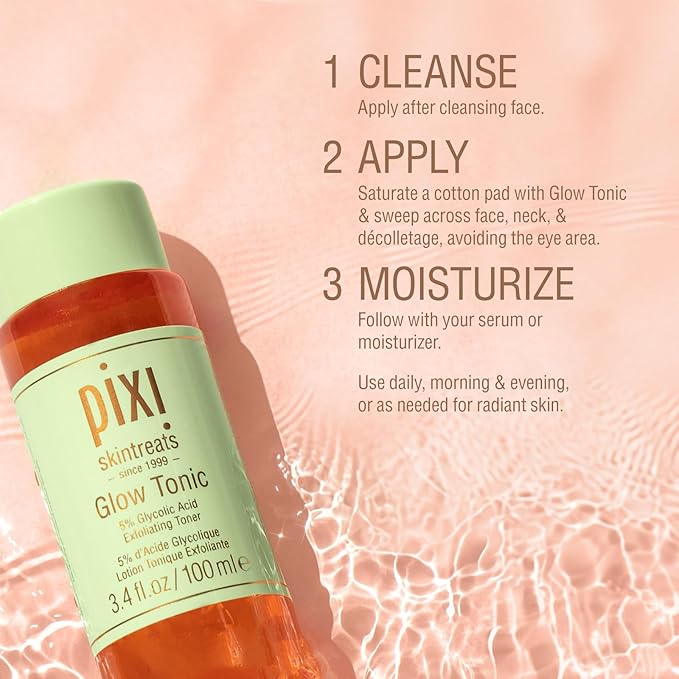 Pixi Glow Tonic Balancing Face Toner Glycolic Acid for Radiant Skin Daily Brightening Toner (3.4 fl oz / 100 ml,)