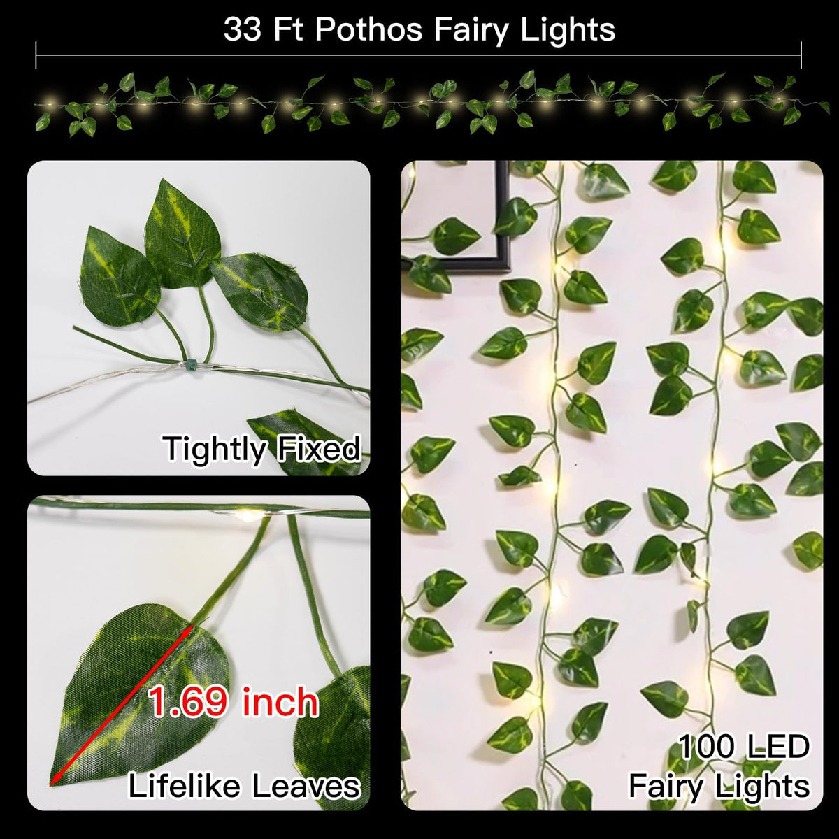 suddus Vine with Fairy Lights Battery Operated, 33ft100 LED Pothos String Lights with Remote, Leaf Lights for Bedroom, Room, Wall, Garden, Party, Wedding Decor(Warm White)