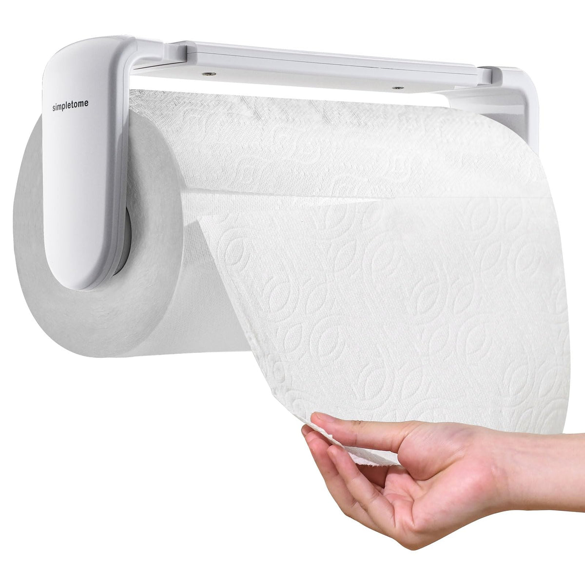 simpletome Paper Towel Holder Under Cabinet or Wall Mount ONE Hand Operation Tension Arm Kitchen Roll Holder (White, for 24-28cm/9.4-11inches roll)