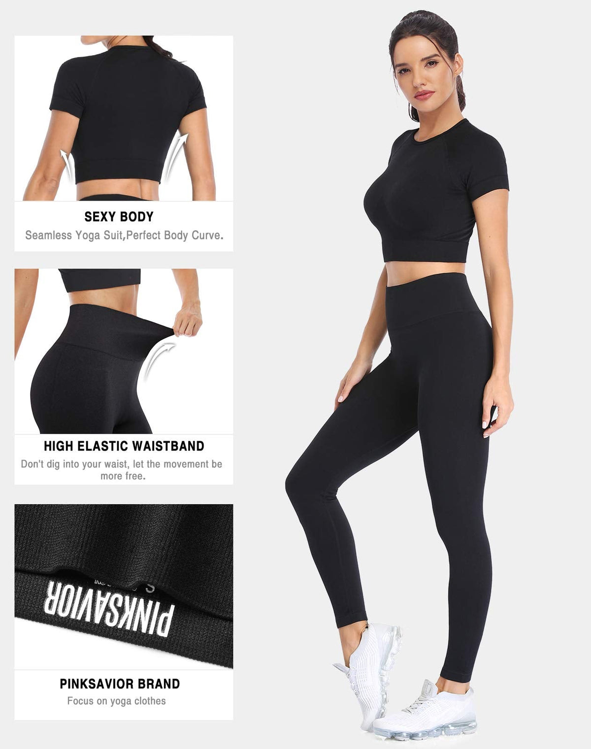 PINKSAVIOR Workout Sets for Women Two Piece Outfits Seamless High Waist Leggings Yoga Crop Tops Athletic Sports Gym Sets(P005L-Black