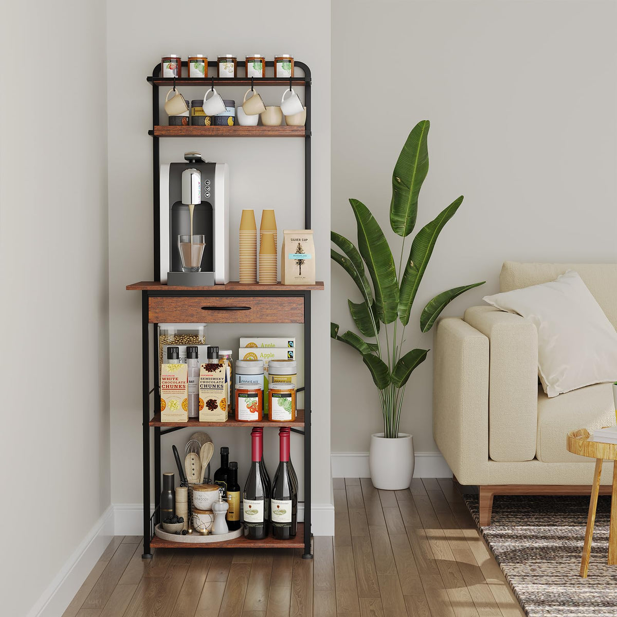 Homsorout Coffee Bar Station - Bakers Rack with Fabric Drawer, Microwave Oven Storage Stand, Bakers Rack for Coffee Stand Station, Home Kitchen Organizer, Brown