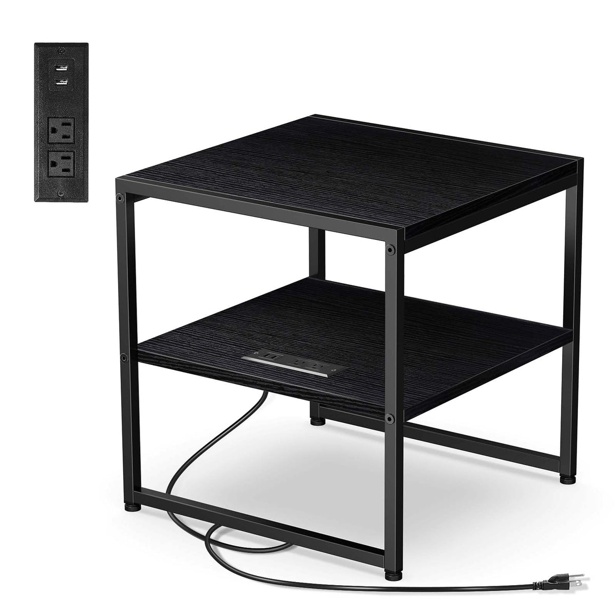 Tatub 20" End Table with Charging Station, Industrial Square Side Table with USB Ports & Outlets, Versatile 2-Tier Small Nightstand for Bedroom Living Room, Black