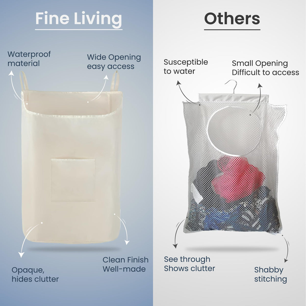 The Fine Living Co. Hanging Laundry Hamper with Over Door Hooks & Adhesive, Durable Space Saving Laundry Bag with Zipper and Wide Open Top, Hanging Dorm Laundry Hamper 18"x4.75"x28" (Beige-L)