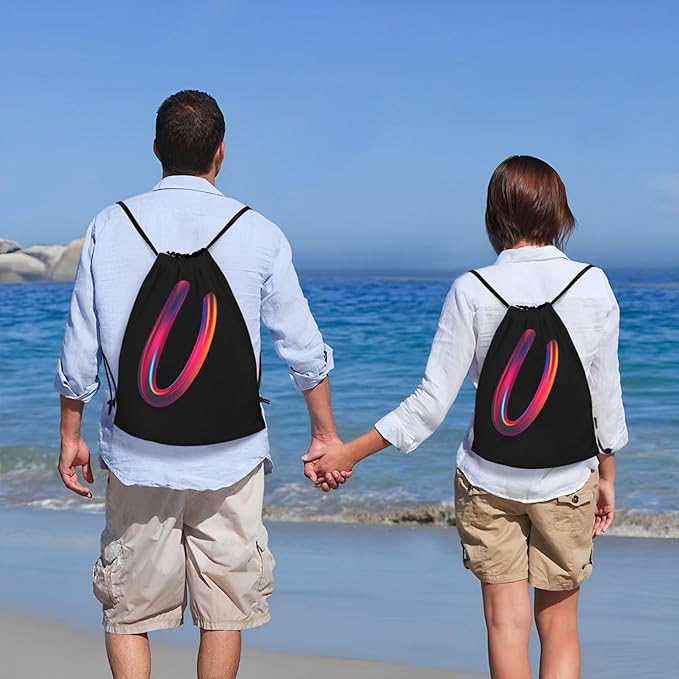 Drawstring Bags Initial Drawstring Backpack Sackpack Black Draw String Cinch Bags for Sports, Gym, Travel, Swimming, Beach, Camping, Rainbow Letter U