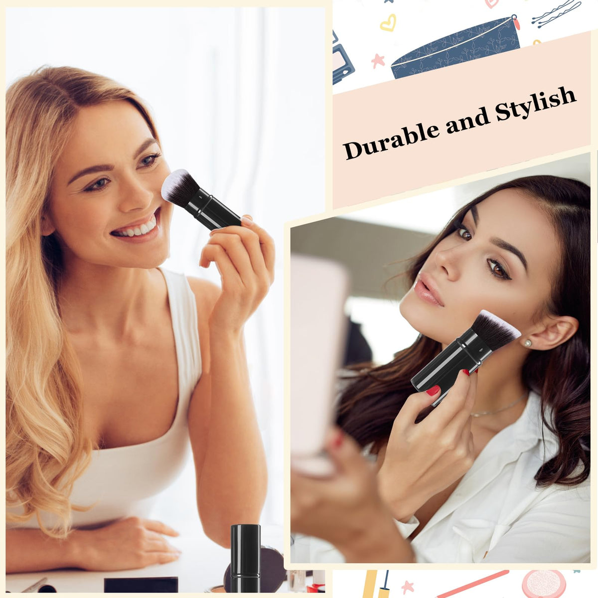 Keriloo Makeup Brush 2 Pack, Retractable Travel Kabuki Powder Makeup Brush, Foundation Face Blush Brushes for Blending Liquid, Blush, Bronzer, Buffing, Sunscreen,Flawless Cosmetics