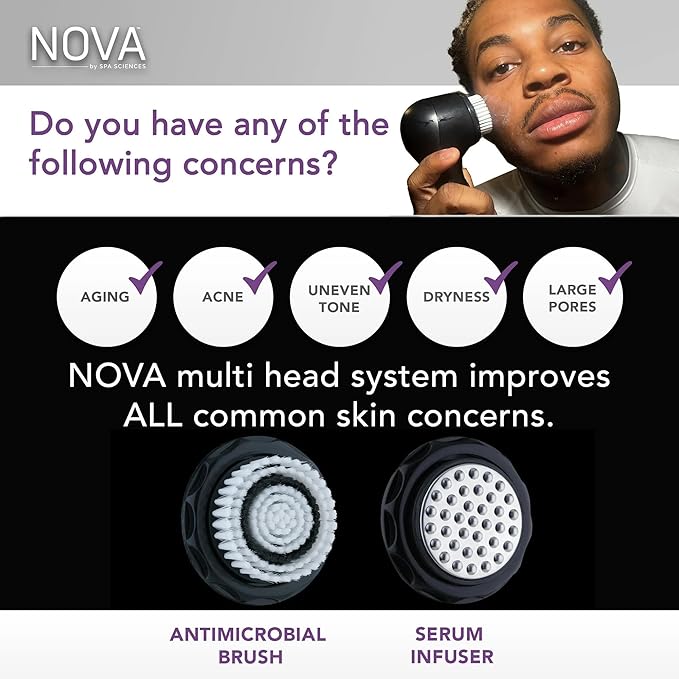 Spa Sciences - NOVA - Sonic Cleansing Brush with Bristles & Infusion System – Anti-Aging Facial Exfoliating, Waterproof, and USB Rechargeable