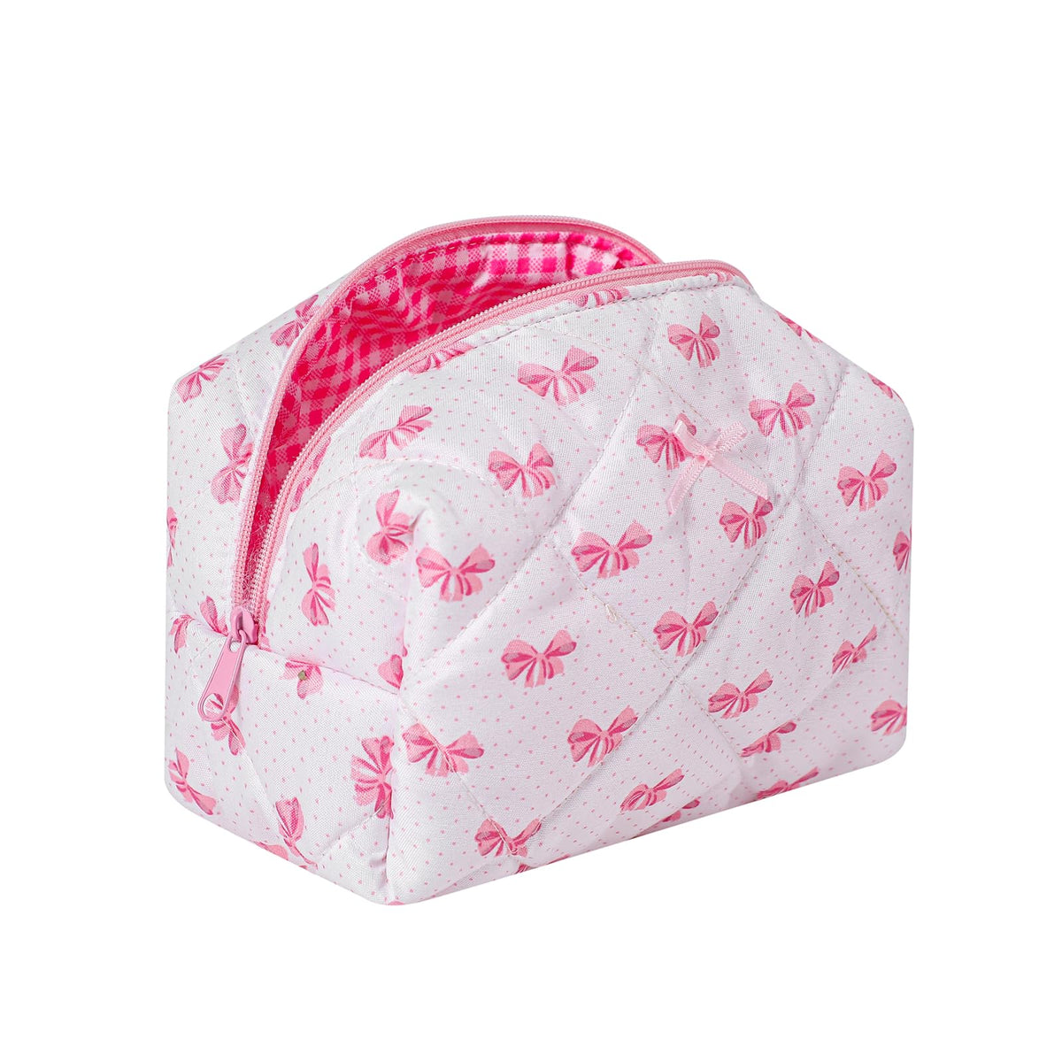 Cute Small Floral Cotton Makeup Bag, Quilted Zipper Pouch with Coquette Bear for Women and Girls, Kawaii Travel Cosmetic Bags for Purse(12White-pink bow)