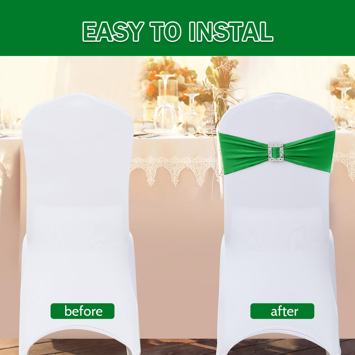 Joccun 60 PCS Spandex Chair Sashes Bows Stretch Chair Cover Band with Buckle Slider Universal Elastic Chair Ties for Wedding Banquet Party Event Decoration (EmeraId)