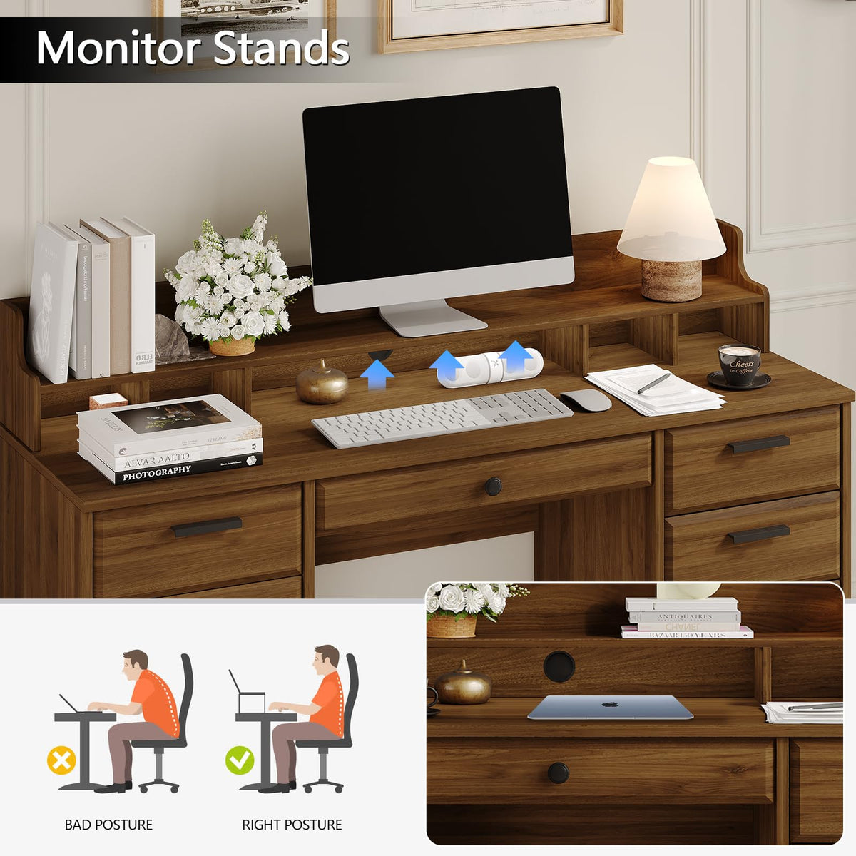 MaverickFurni 58 Inch Computer Desk with File Drawers, Executive Desk with Storage, Home Office Desk with Storage Cabinet for Bedroom, Rustic Brown