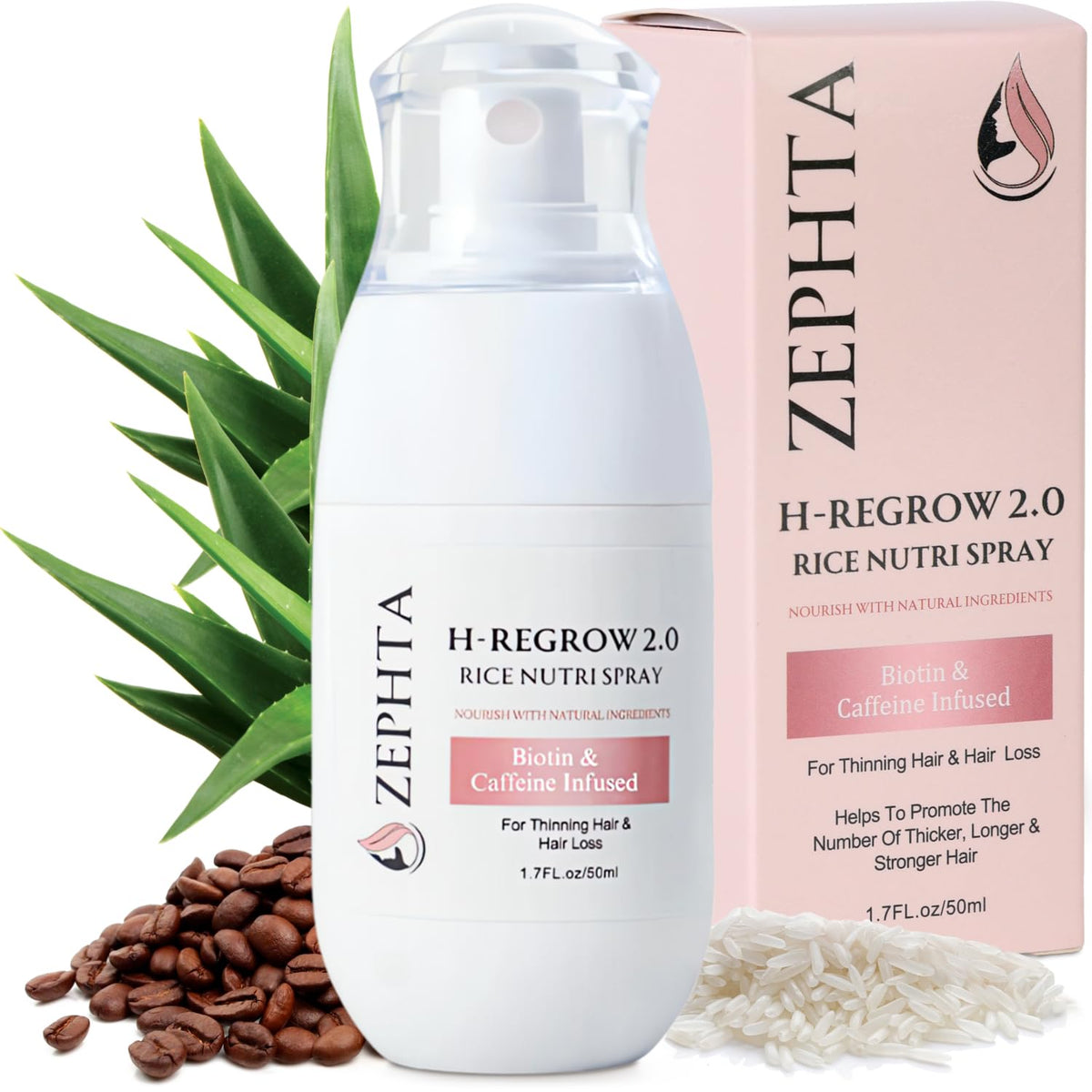 H-Regrow Hair Growth Spray – With Rice Water, Biotin, Aloe Vera, Caffeine, and Ginger – Hair Growth Product for Men and Women – For Thinning Scalp