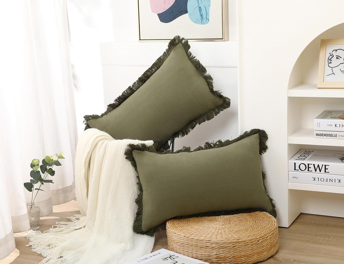 NUYECY Set of 2 Natural Linen Fringed Throw Pillow Covers,Olive Green Neutral Decorative Lumbar Pillowcase with Chic Tassel Burlap Boho Cushion Covers for Couch Sofa Farmhouse,12x20 inches