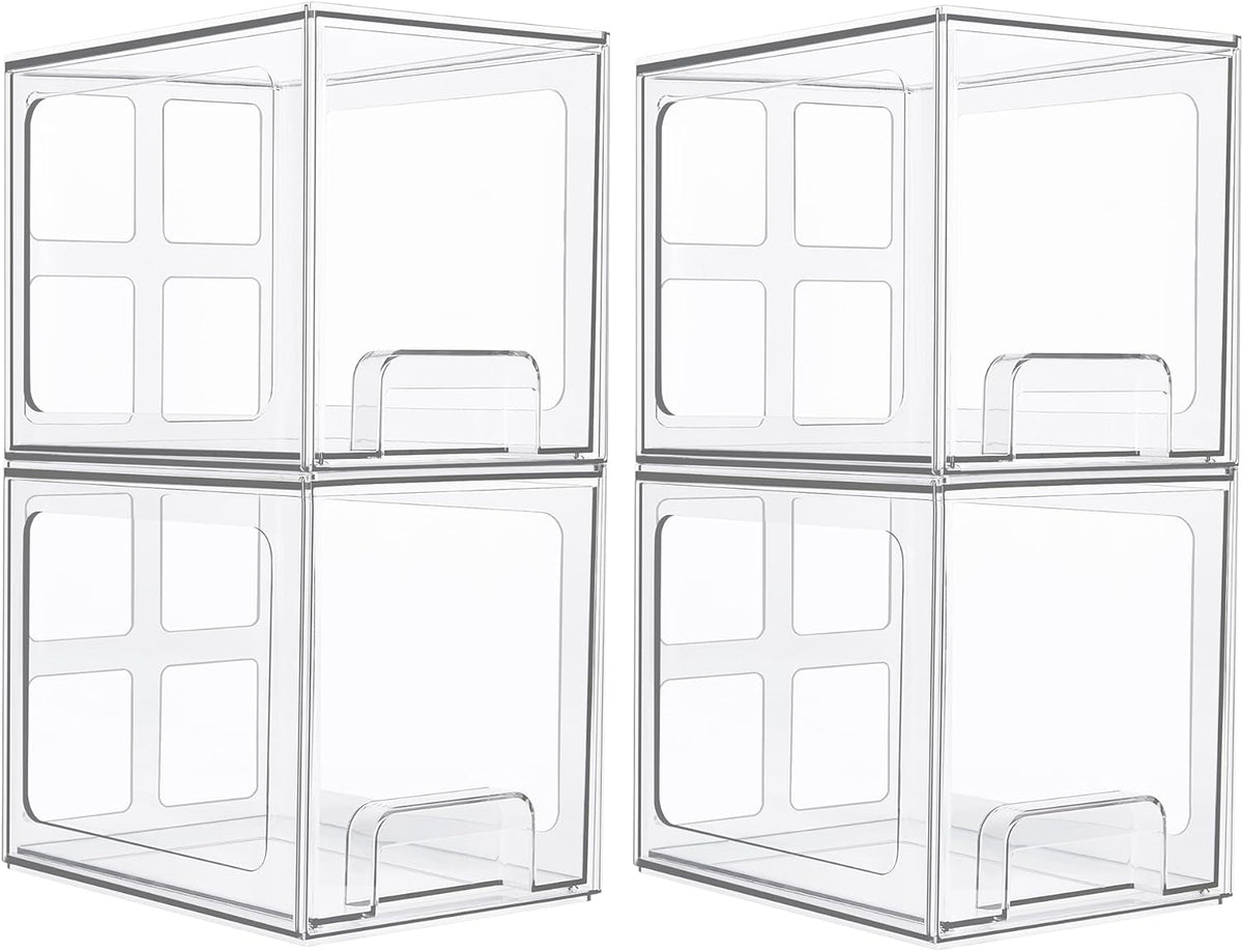 Vtopmart 4 Pack Stackable Storage Drawers, 6.6''Tall Acrylic Bathroom Makeup Organizers,Clear Plastic Drawers For Vanity, Undersink, Kitchen Cabinet,Pantry Organization and Storage