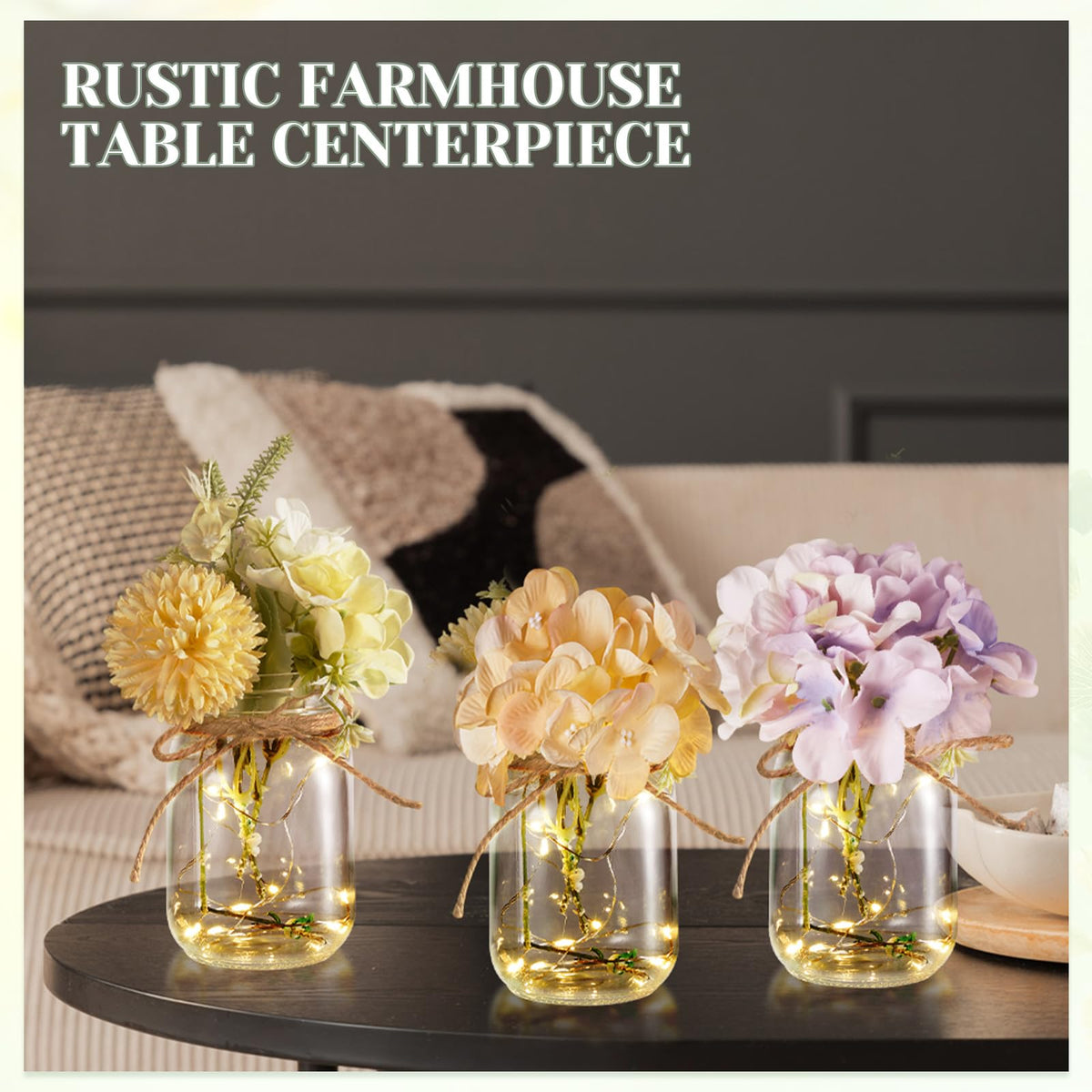 Chunful 6 Pcs Glass Mason Jar with LED Lights for Table Centerpiece Decorations Set Clear Rustic Farmhouse Coffee Table Decor with LED Lights for Wedding Dining Room Kitchen Decor