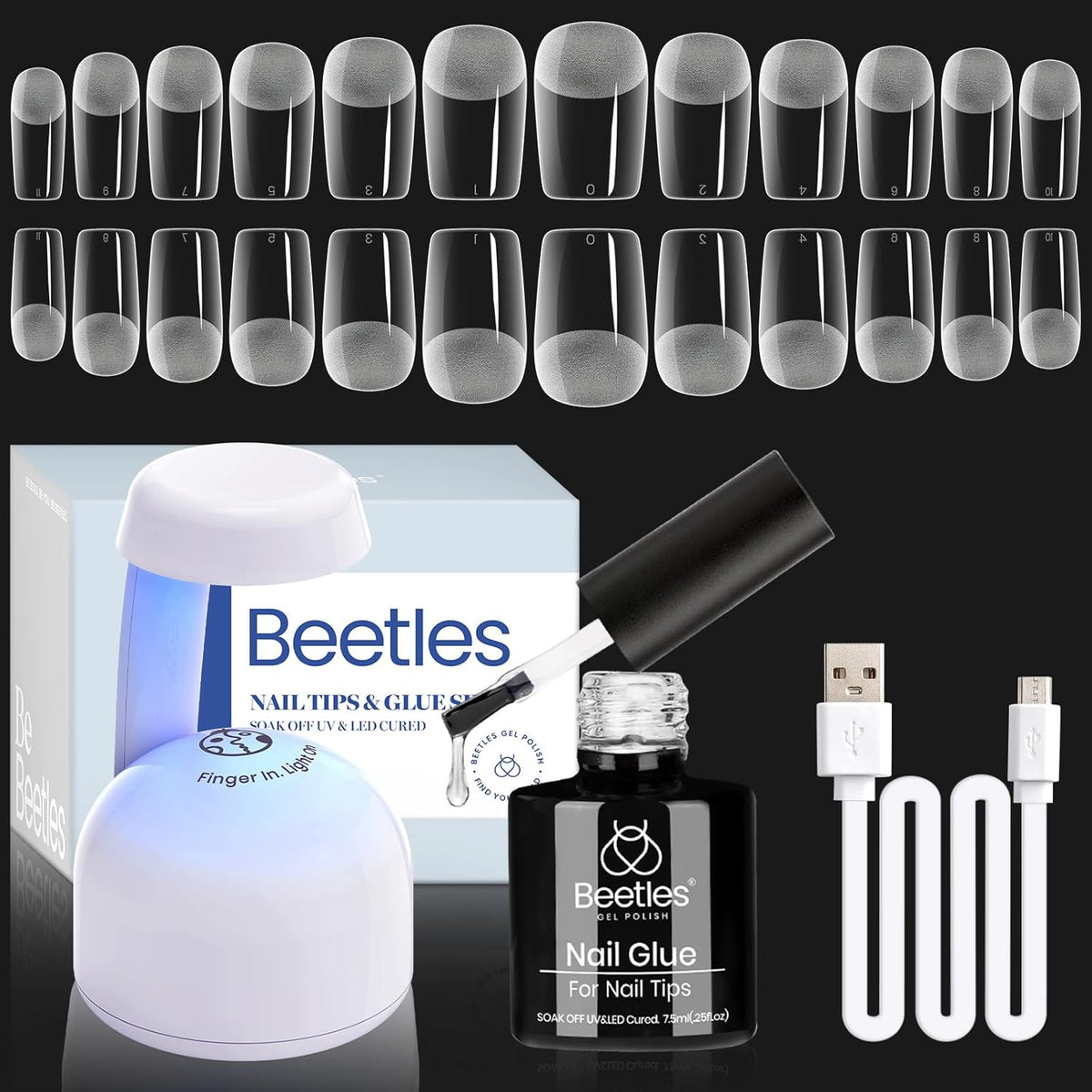 Beetles Gel Nail Kit Easy Nail Extension Set 504Pcs Pre Filed Half Matte Short Square Soft Etch X Nail Tips with 5 in 1 Nail Glue Gel Uv Led Lamp Nail for Women