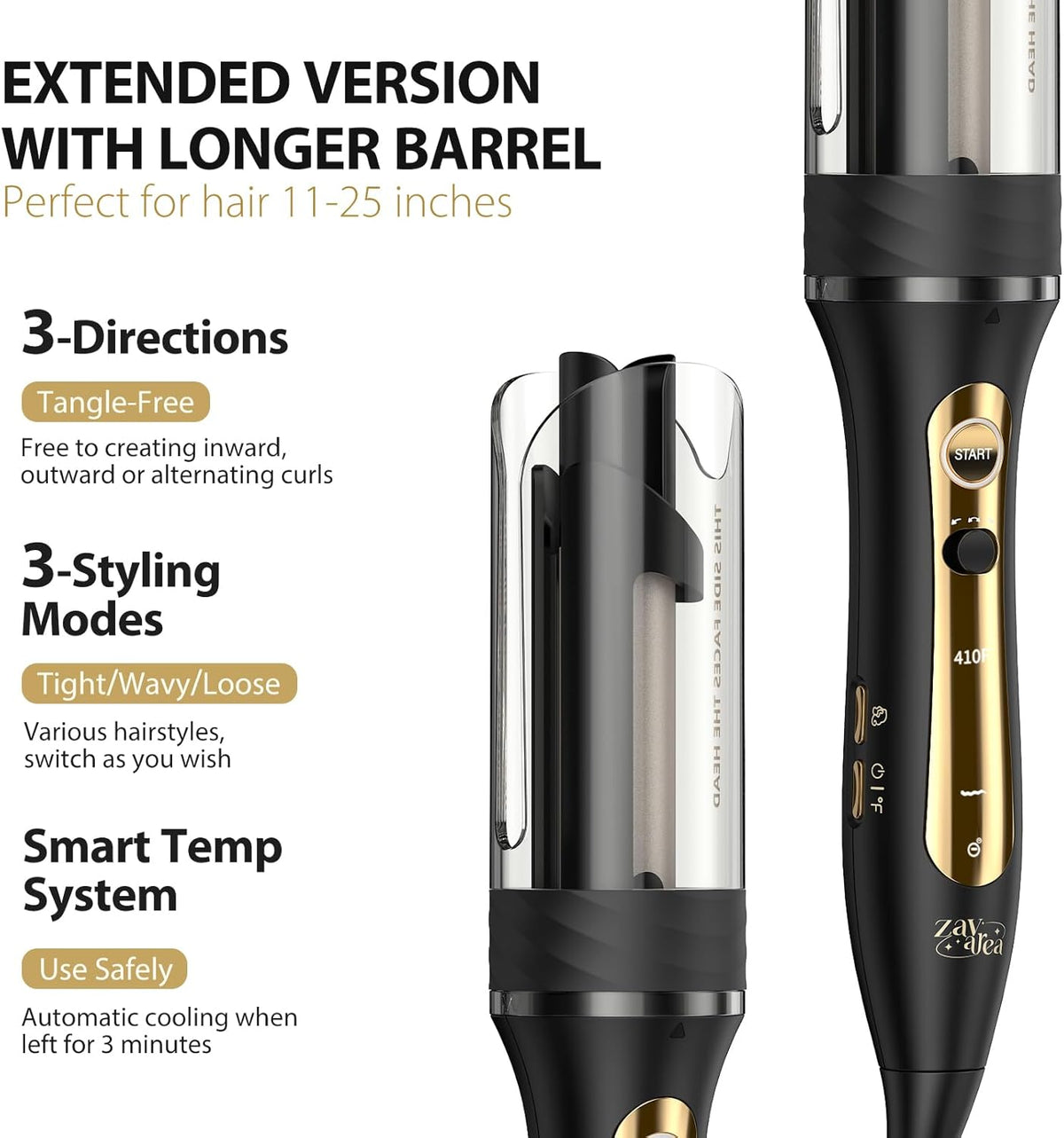 Zavarea Automatic Curling Iron, 1 Inch Hair Curler with 5 Temperatures, 3-Ways Rotation & 3-Styling Modes, Anti-Scald & Tangle-Free Self Rotating Curling Wand (Black)