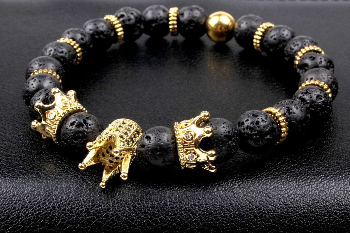 GVUSMIL Imperial Crown Bead Bracelet King&Queen Luxury Charm Couple Jewelry for Women Men (Black Lava Rock)