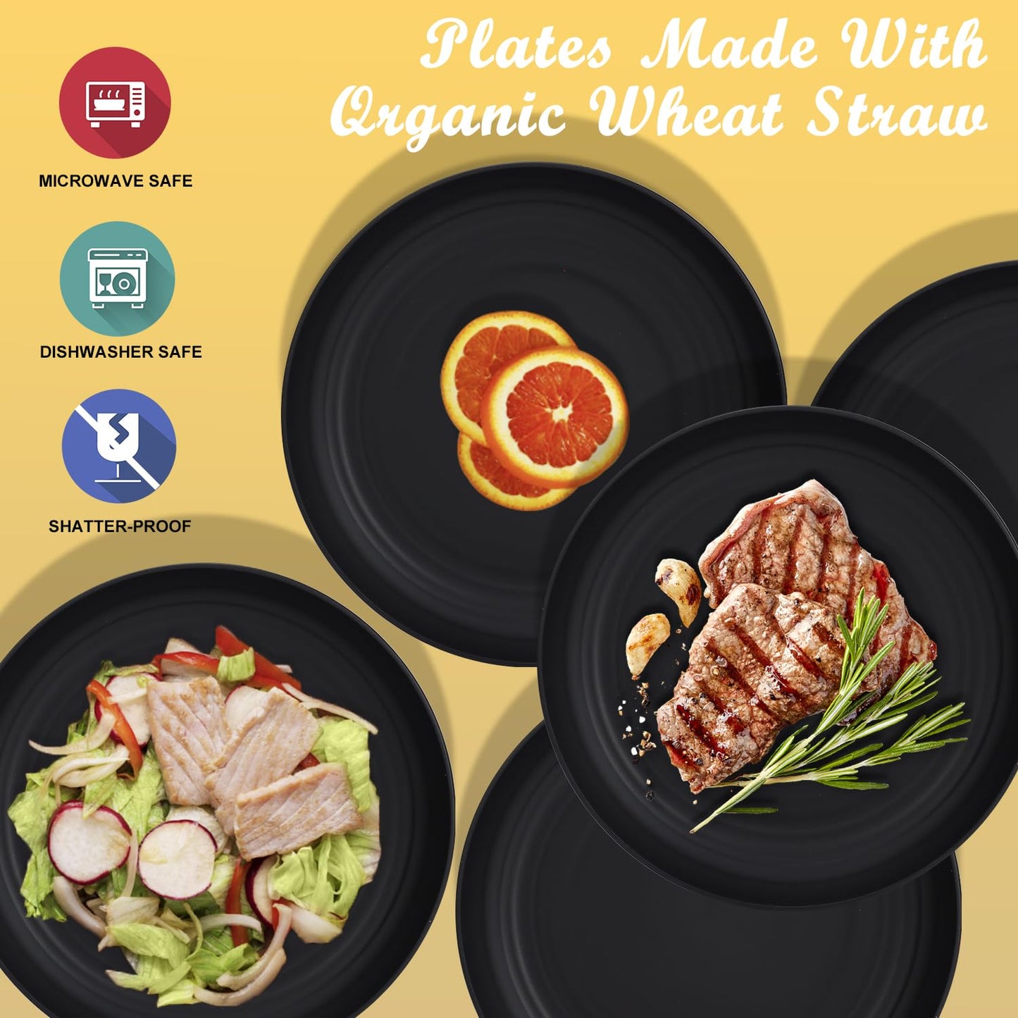 Wrova Wheat Straw Plates - 8 Inch Unbreakable Dinner Plates Set of 8 - Dishwasher & Microwave Safe Plastic Plates Reusable - Lightweight Plates for kitchen,R.V (pure black)