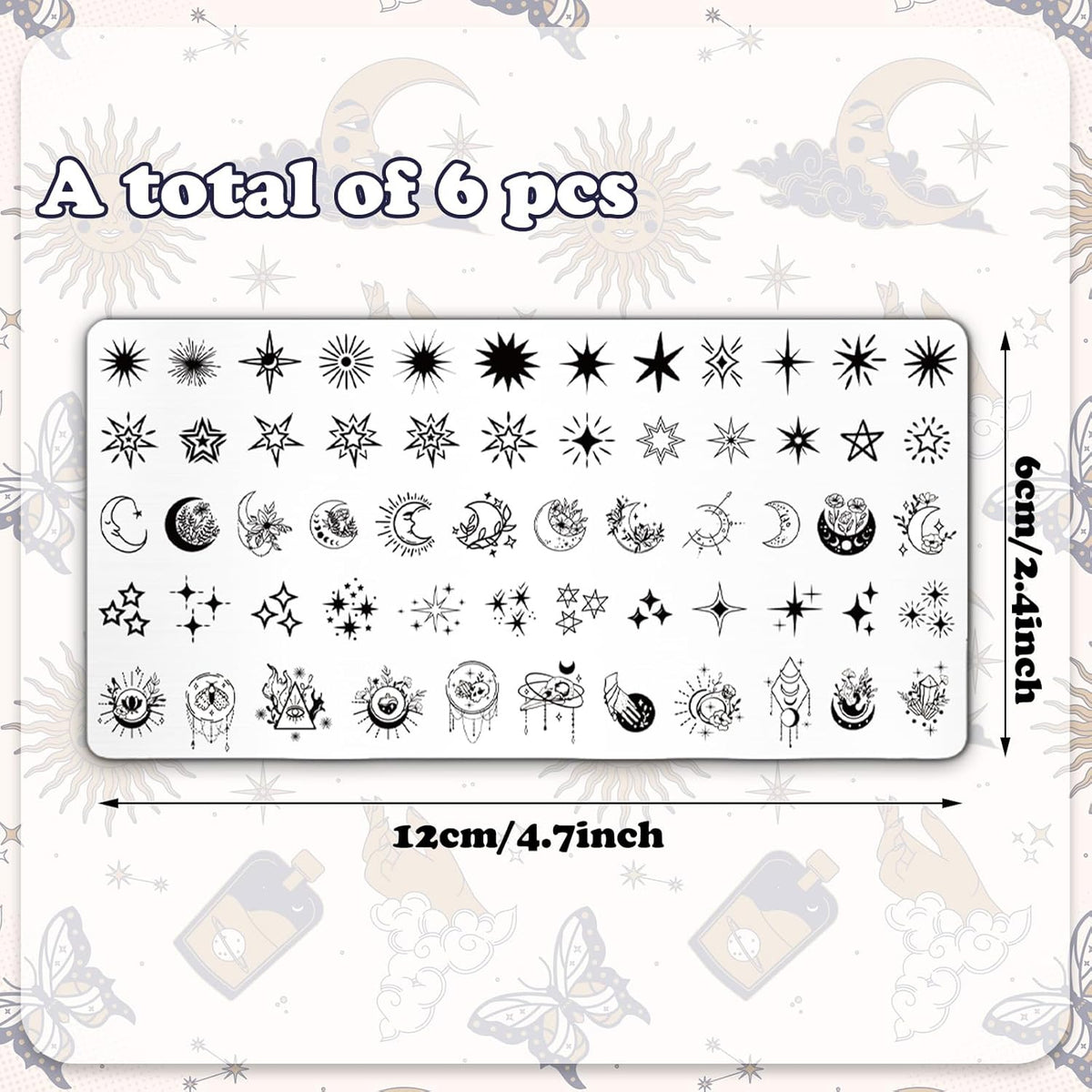 Whaline 6Pcs Sun Moon Star Nail Plates Stamping Set Groovy Stamp Templates Nail Art Plates for DIY Print Manicure Salon Design Gift Supplies