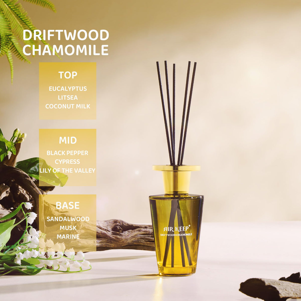 Airkeep Reed Diffuser Set 5.07 fl oz, Driftwood Chamomile Scent Diffuser with Sticks, Home Fragrance Oil for Bedroom, Bathroom, Office Decor