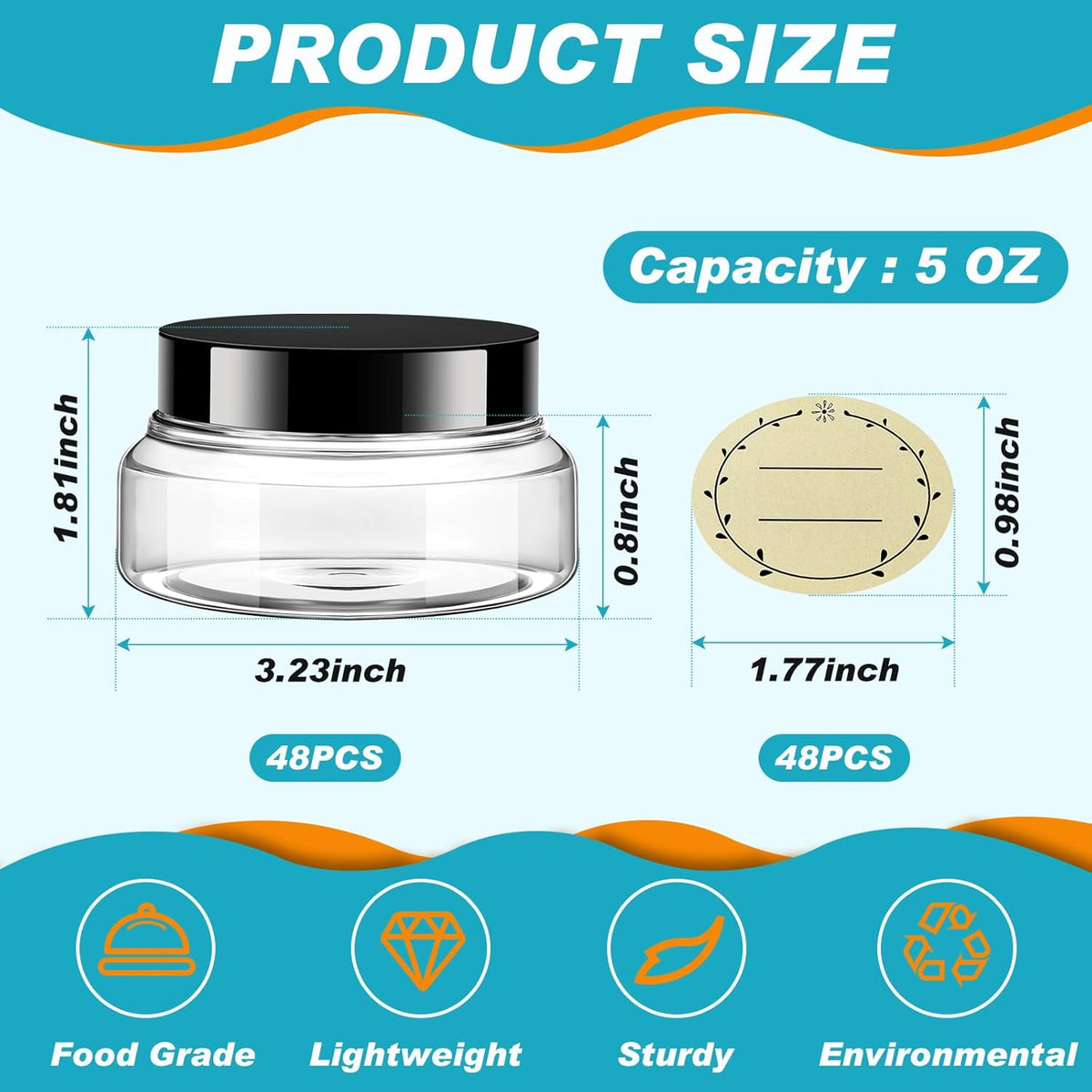 Tessco 48 Pcs Plastic Jars with Lids and Labels Body Scrub Jars Round Refillable Cosmetic Containers Empty Butter Travel Containers for Sugar Scrub Lotions Cosmetics Cream (5 oz,Clear)