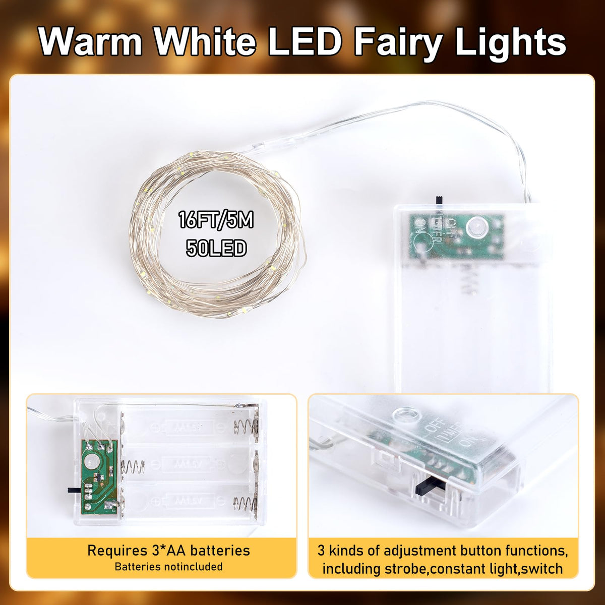 YPHSOL Fairy Lights Battery Operated String Lights 16.4ft 50LED Flashing and Constant Light Waterproof Silver Wire for Christmas DIY Party Bedroom Wedding (Warm White, 2 Pack)