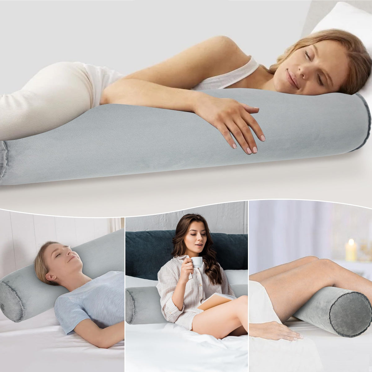 YEEKORO Long Body Pillow for Adults, Inflatable Full Body Pillow, Multifunctional Side Sleeper Pillows, Round Bolster Pillow for Bed (Grey, 120cm/47.24inch)
