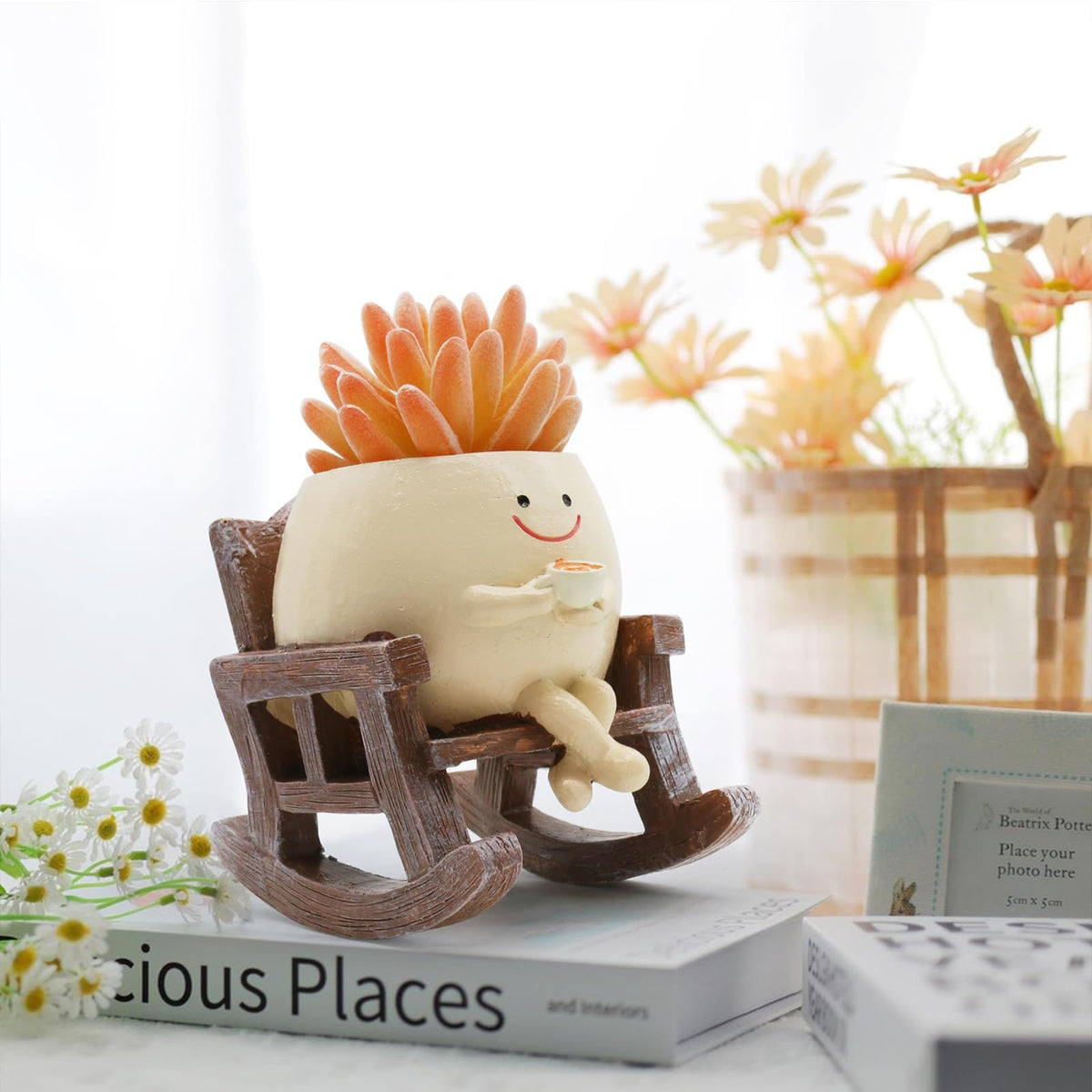 MUZZIOU Smiley Face Planter Pot, Cute Resin Smile Face Flower Head Plant Pot, Creative Flower Pot for Indoor Outdoor Plants, Funny Home Decoration (Rocking Chair)