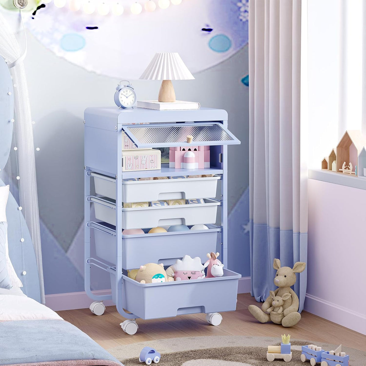 Utility-Rolling-Storage-Drawer-Craft-Cart-Organizers with 4 Drawers & Dust-Proof Door for Kid Craft Art Room,Bedroom,Home Office, Lavender Purple