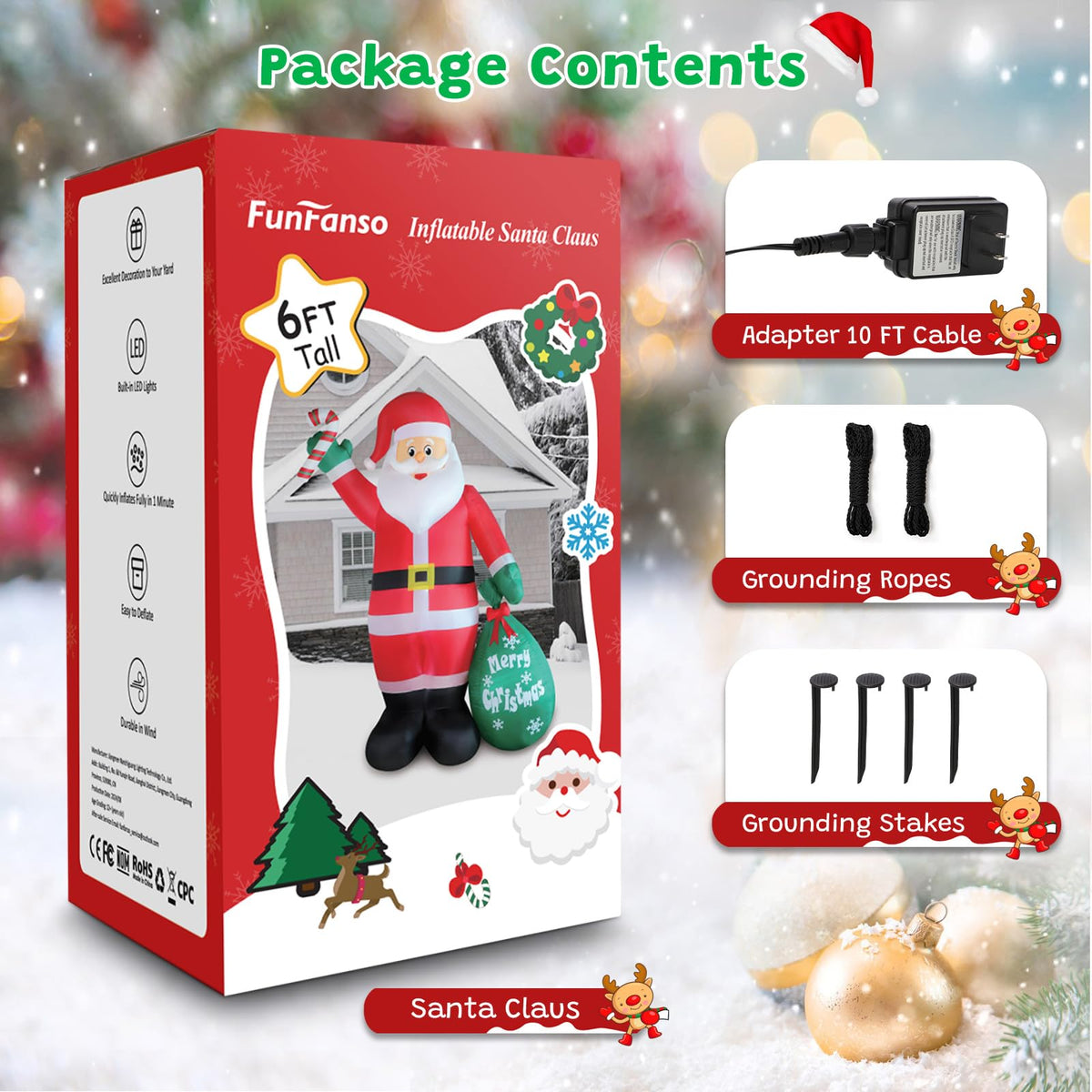 6FT Christmas Inflatable Santa with Candy and Big Gift Bag Outdoor Decorations, Built-in Brilliant Led Lights Blow Up Xmas Yard Decor, Kindly Festival Decor for Yard Lawn Garden Indoor Holiday Party