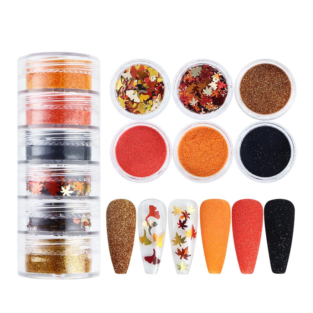 Fall Nail Art Glitters Maple Leaf Nail Sequins Autumn Maple Leaves Nail Decoration Accessories 3D Maple Leaf Nail Decals Professional Fall Nail Designs for Women Manicure DIY 6 Jars