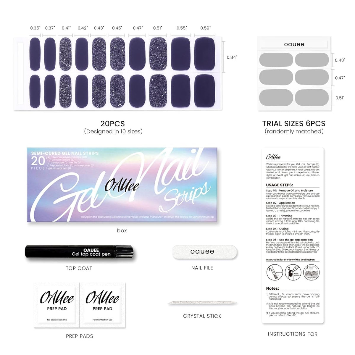 Semi Cured Gel Nail Strips | Built-In Gel Top Coat | UV Light Required | Salon Quality, Easy Application And Removal (Slate Sparkle)