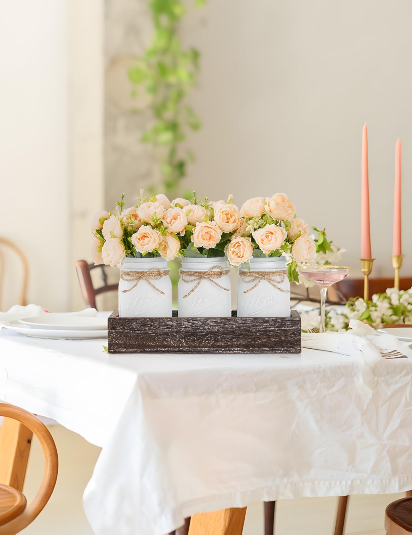 KIVIVO Mason Jar Centerpiece Table Decorations, Kitchen Table Centerpieces for Dining Room, Spring Coffee Table Decor with Peonies Artificial Flowers, Wood Tray, Farmhouse Centerpieces for Tables