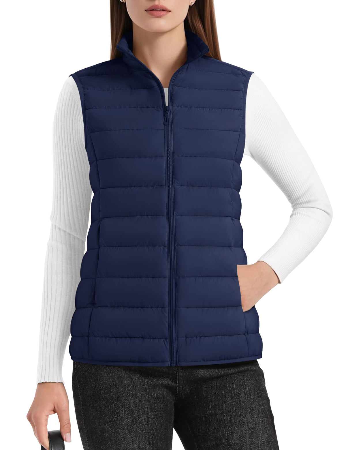 YUCOLEN Women's Puffer Vest Lightweight Trendy Stand Collar Quilted Padded Puffy Vests Sleeveless Jackets Fall Winter Outerwear Navy L