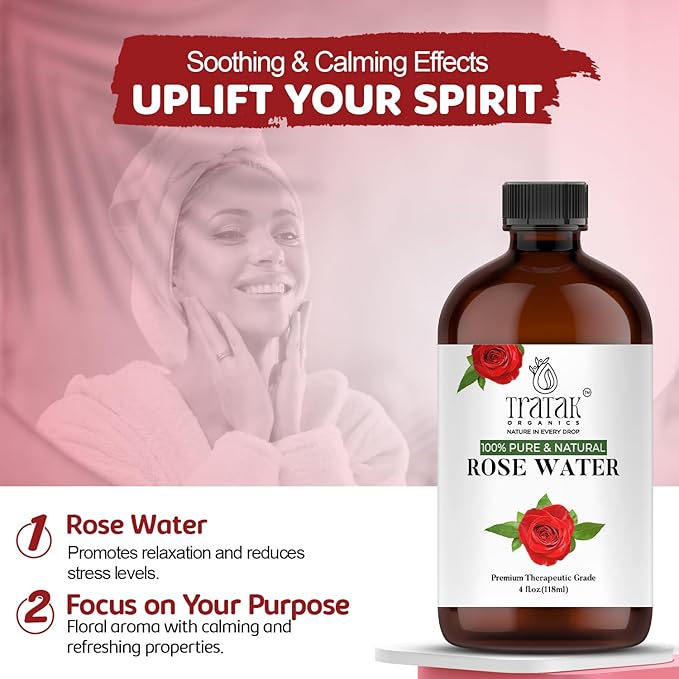 Rose Water 4 fl oz (118 ml) Organic Refreshing Rose Water Spray for Face & Skin Hydration, Pure Rosewater for Hair & Makeup Setting Spray, Reduce Eye Puffiness, Dark Circles & Redness, Huge 4 oz