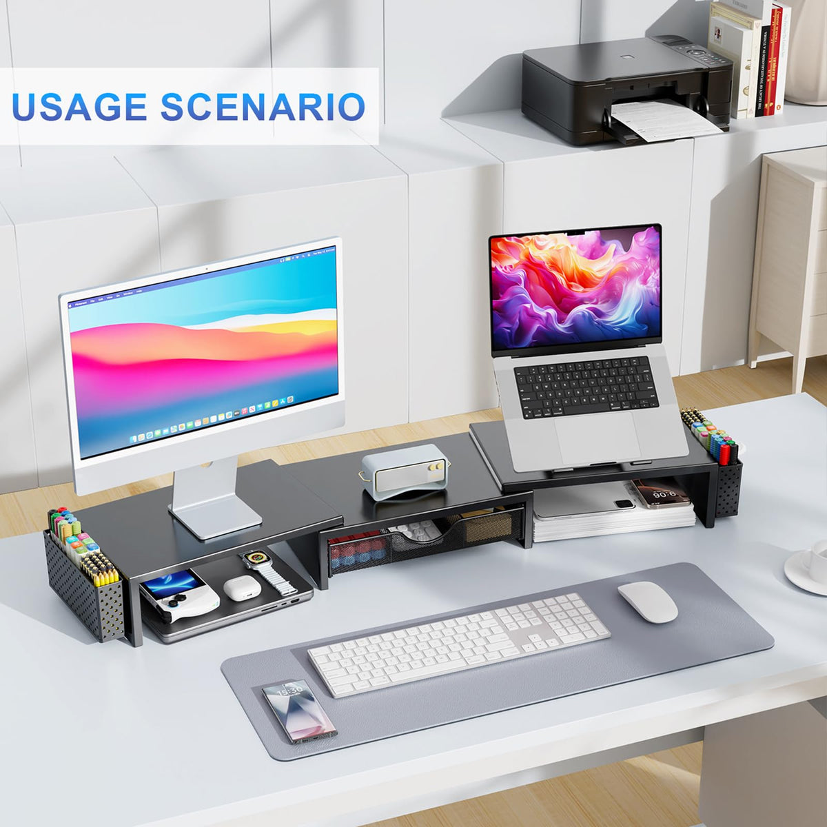 gianotter Dual Monitor Stand Riser, Desk Organizer With Drawer and 2 Pen Holders, Computer Monitor Stand, Desk Shelf for Top of Desk, Balck