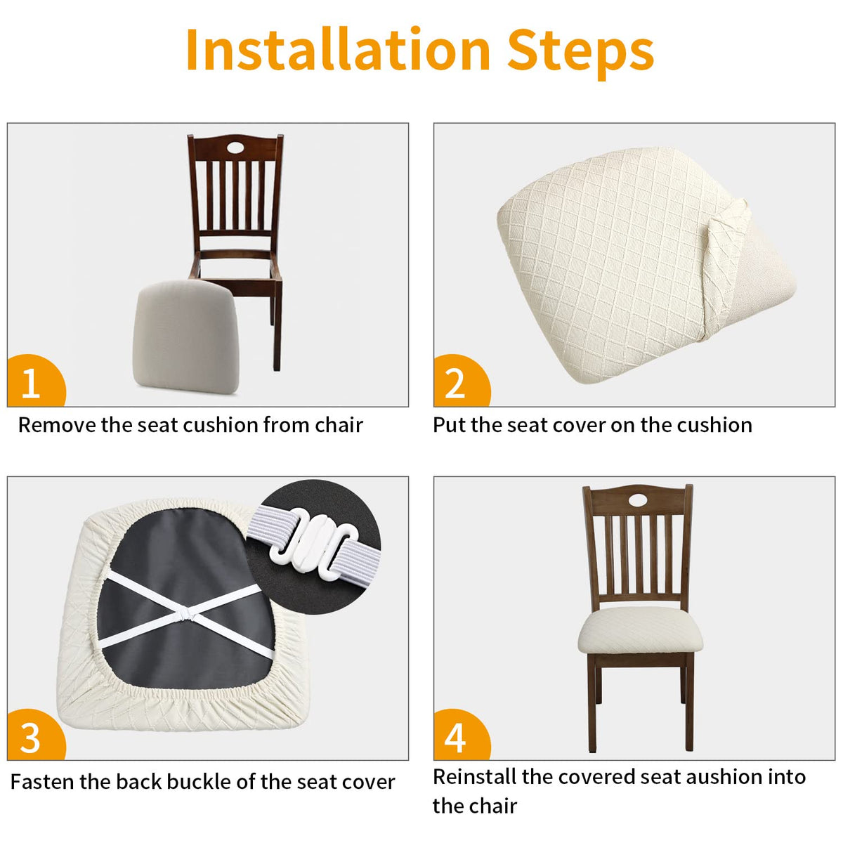 Fuloon Waterproof Seat Cushion Covers 6 PCS, Stretch Jacquard Chair Seat Covers Washable Dining Room Chair Slipcovers Removable Kitchen Cushion Protector (6, Waterproof-Beige)