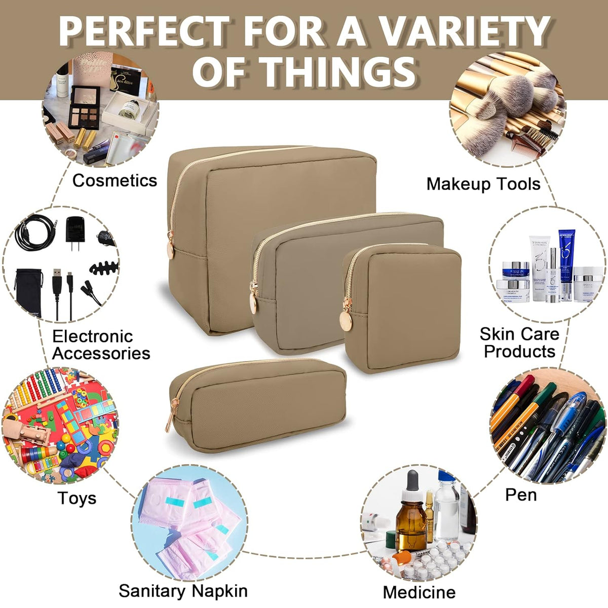 Large Makeup Bag Pouch,Nylon Women Travel Toiletry Storage Bag Preppy Cosmetic Bag for Girls,Big Makeup Organizer Bag Cute Zipper Pouch Skincare Bag for Sport Work Gift(Large-Khaki)
